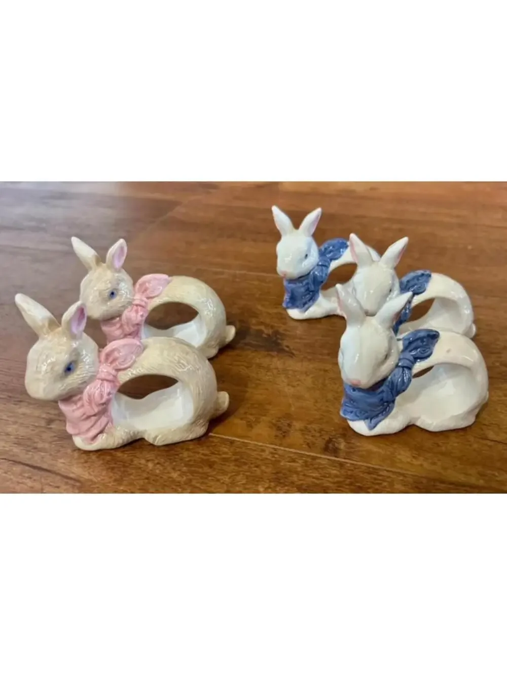 Set of 5 Vintage Ceramic Bunny Napkin Rings with Pink and Blue Bows